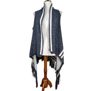 Paper Crane Sleeveless Navy and Cream Cozy Open Waterfall Fringe Cardigan Size S